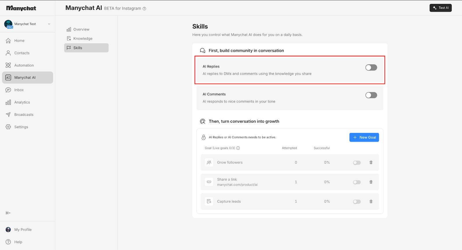 ManyChat AI skills screen with AI replies option