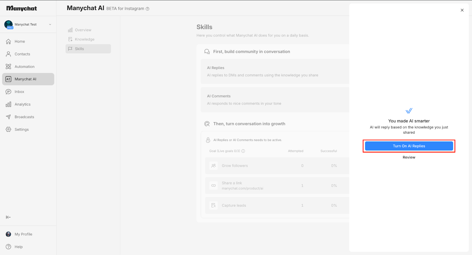 ManyChat AI screen showing skills and a button to turn on AI Replies